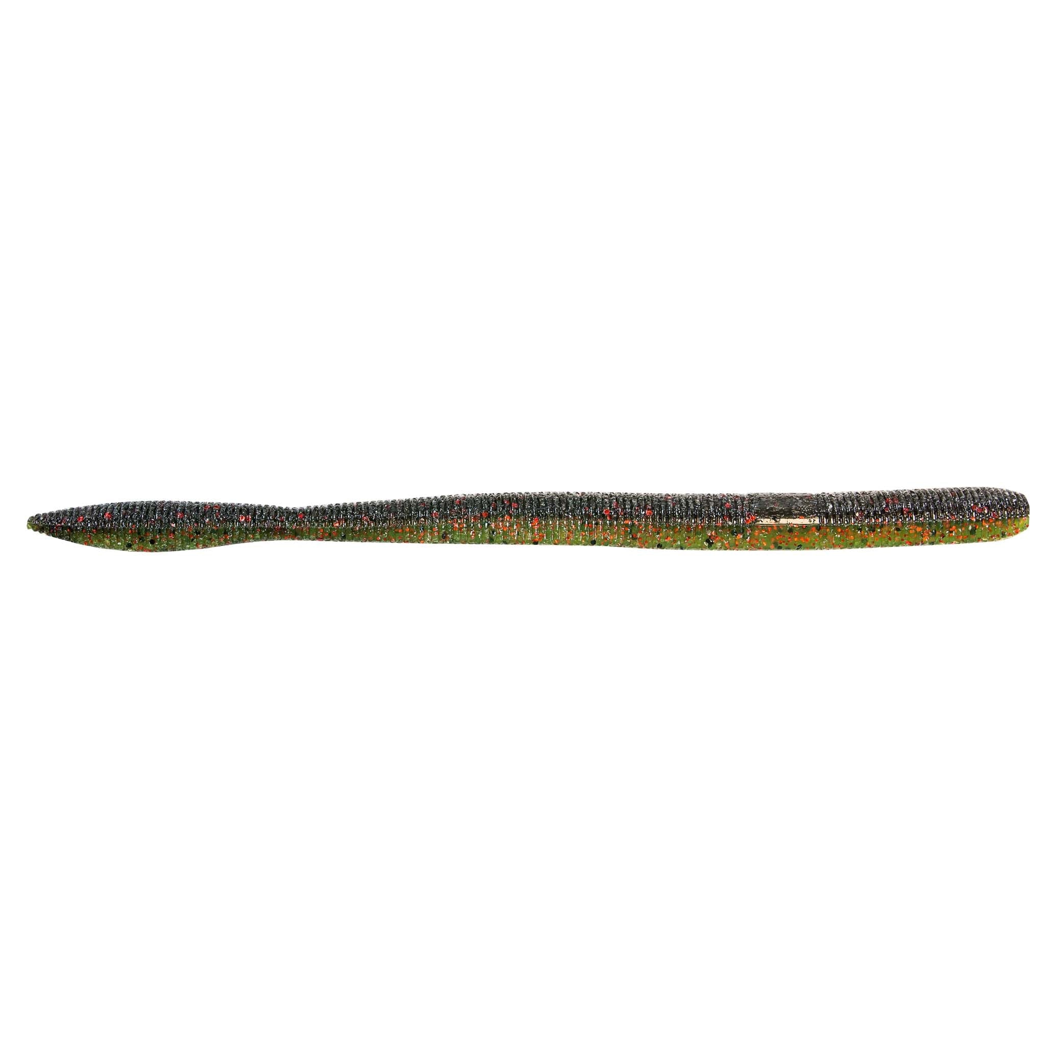 Speckled black and green fishing lure with pointed nose, long cylindrical body