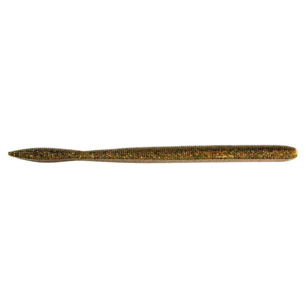 Speckled olive and gold fishing lure with pointed nose, long cylindrical body