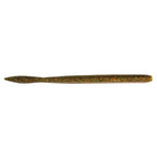 Speckled olive and gold fishing lure with pointed nose, long cylindrical body