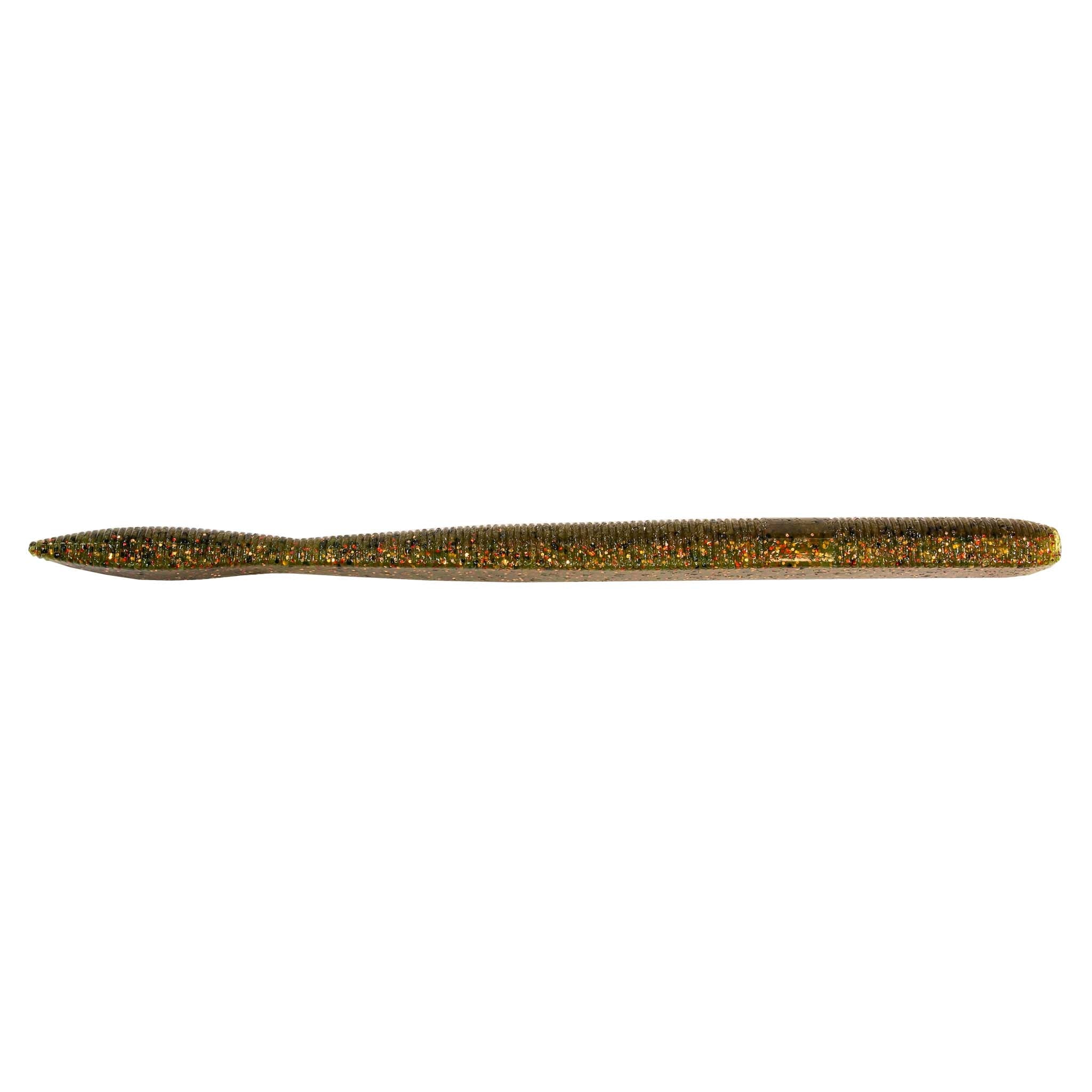 Speckled olive and gold fishing lure with pointed nose, long cylindrical body
