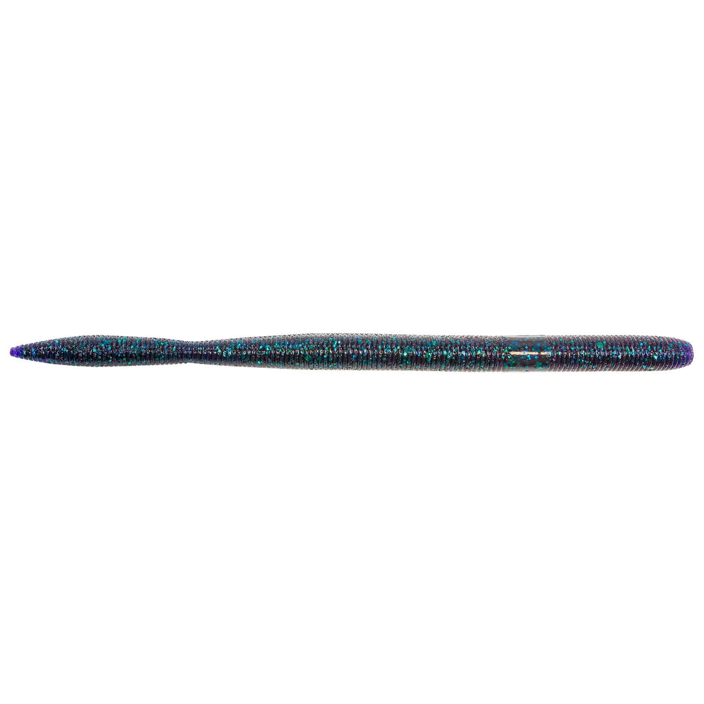 Speckled blue fishing lure with pointed nose, long cylindrical body
