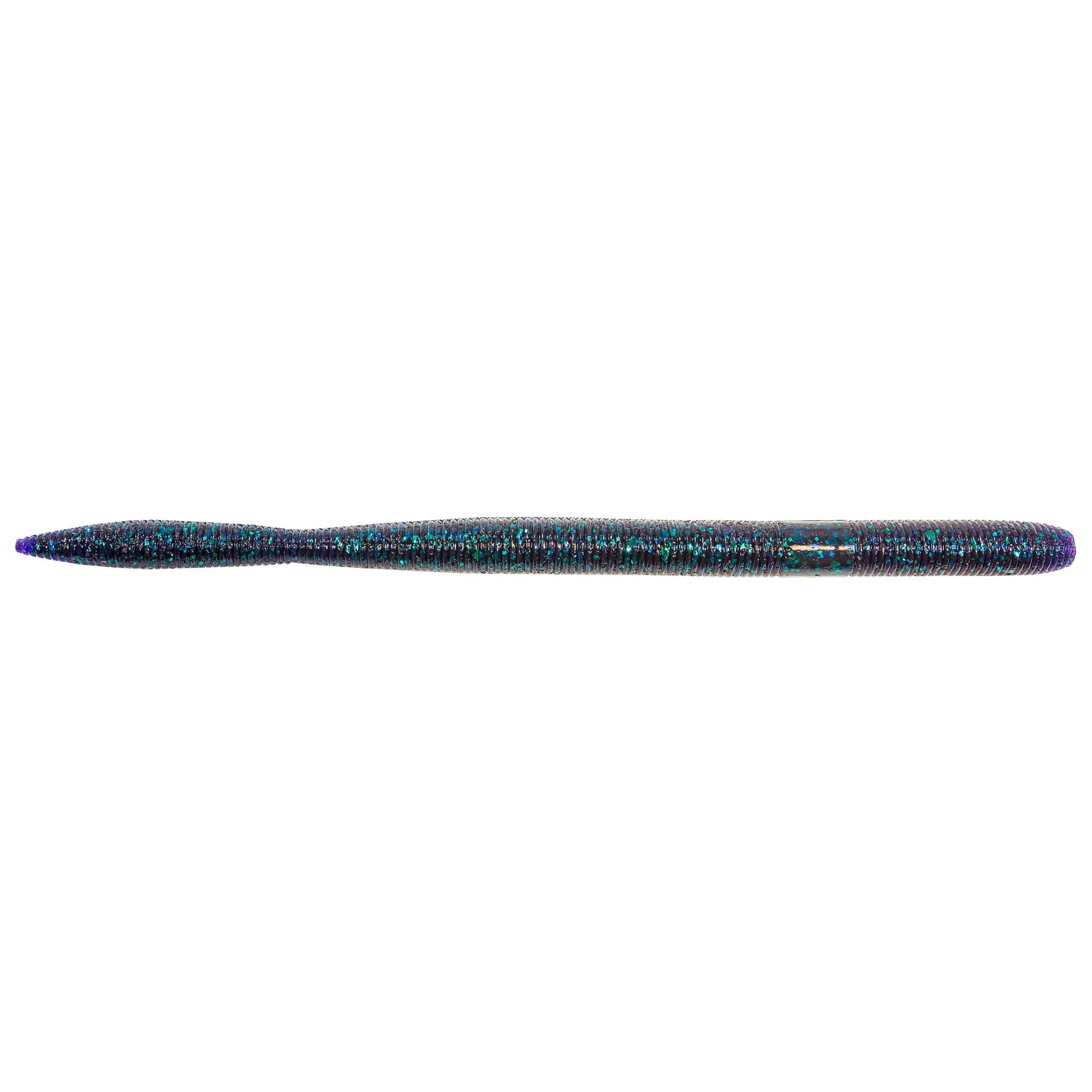 Speckled blue fishing lure with pointed nose, long cylindrical body