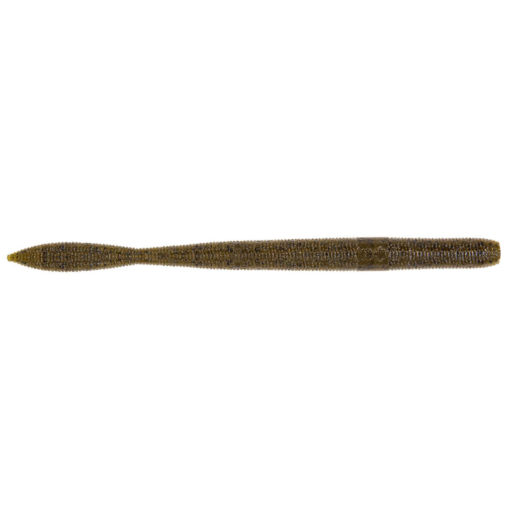 Speckled tan and dark brown fishing lure with pointed nose, long cylindrical body