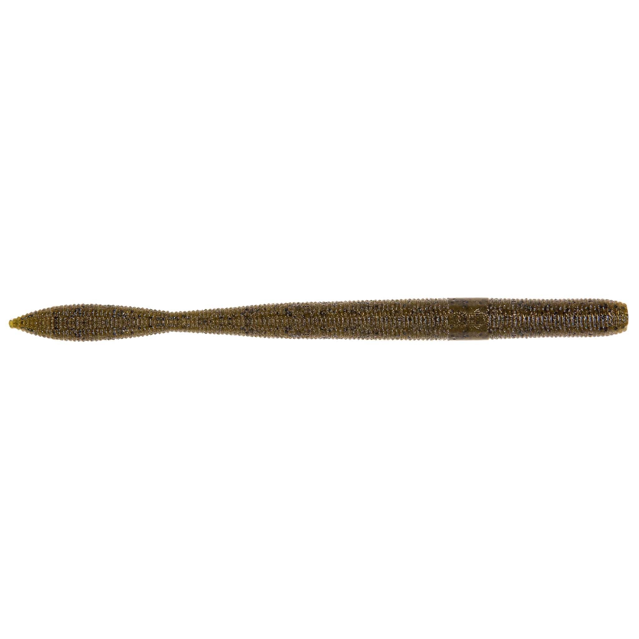 Speckled tan and dark brown fishing lure with pointed nose, long cylindrical body