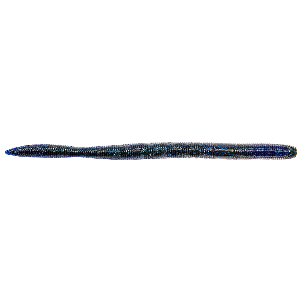 Speckled dark blue fishing lure with pointed nose, long cylindrical body