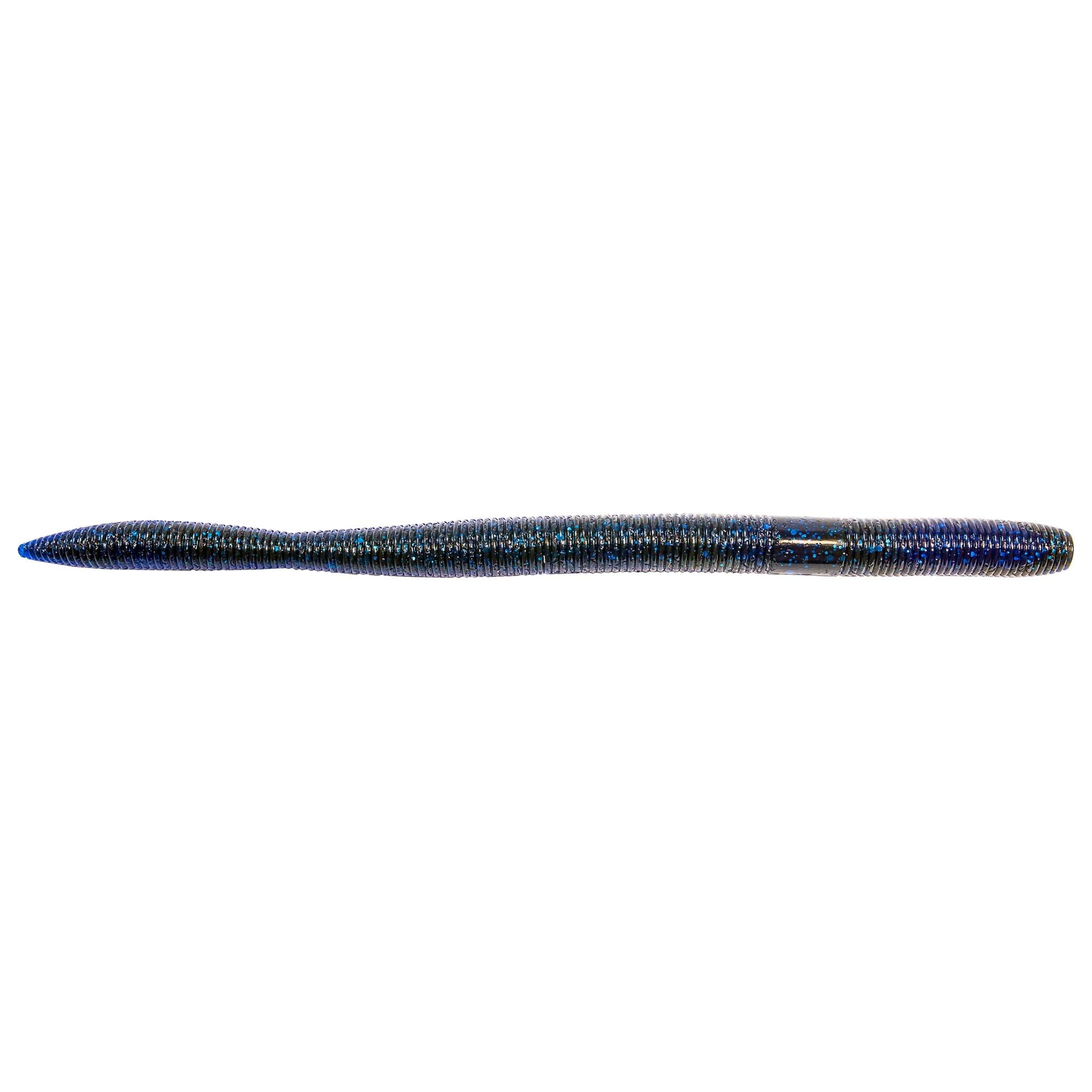Speckled dark blue fishing lure with pointed nose, long cylindrical body