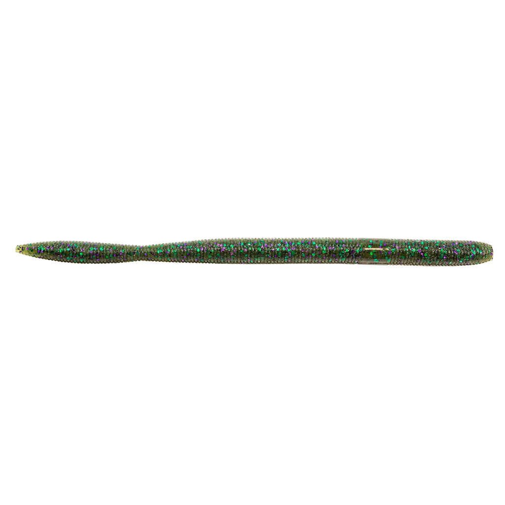 Speckled green and blue fishing lure with pointed nose, long cylindrical body