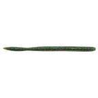 Speckled green and blue fishing lure with pointed nose, long cylindrical body