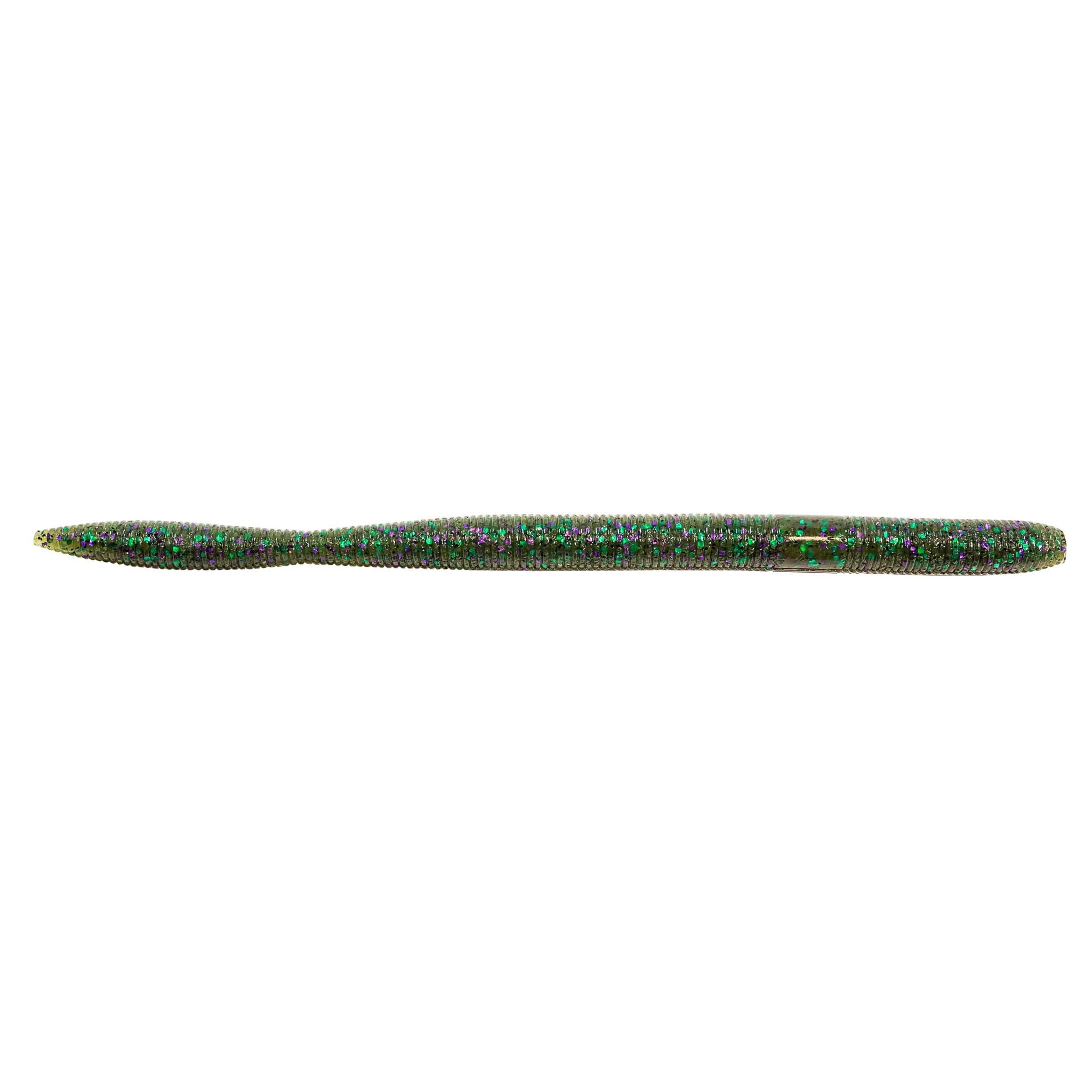 Speckled green and blue fishing lure with pointed nose, long cylindrical body