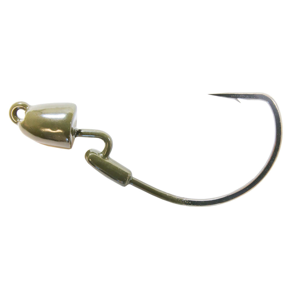 Green metallic fishing jig with two bullet weights and curved hook