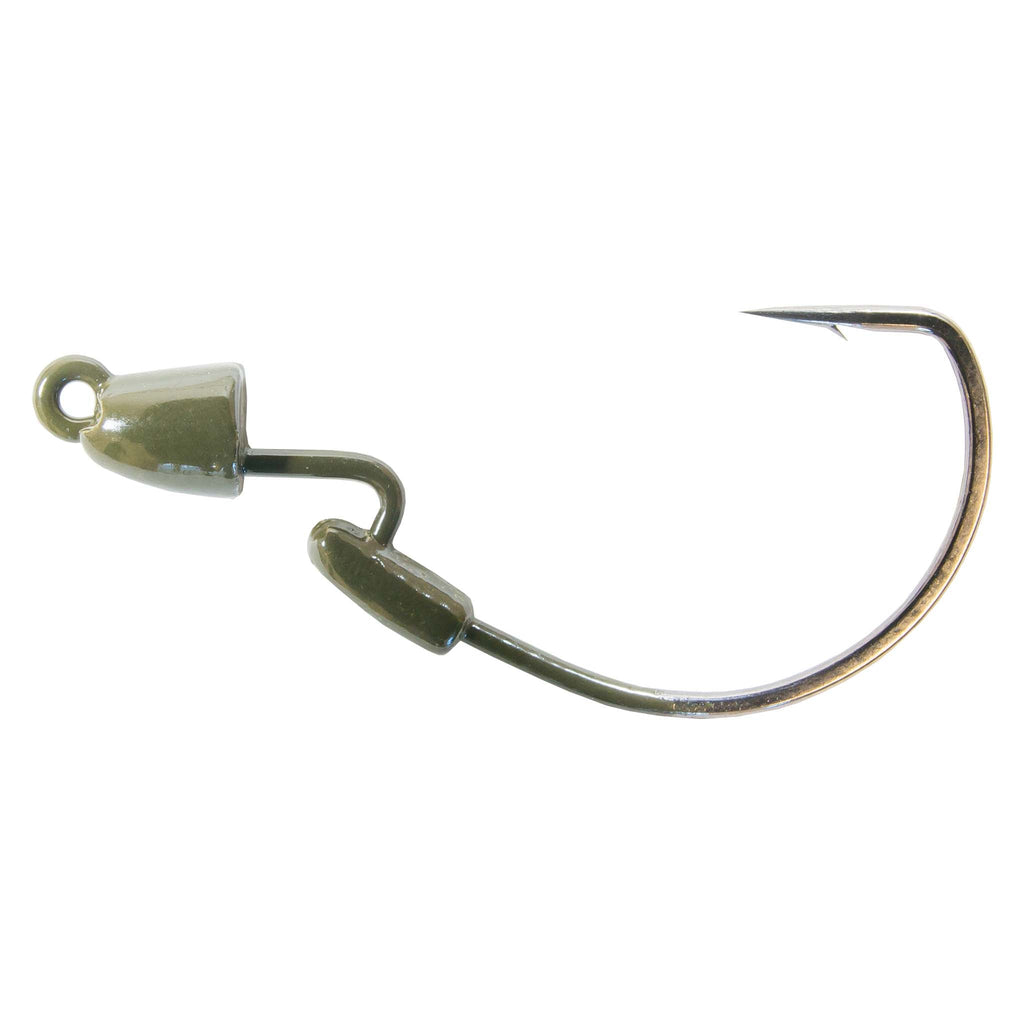 Green metallic bullet jig with two stacked weights and wide-gap hook