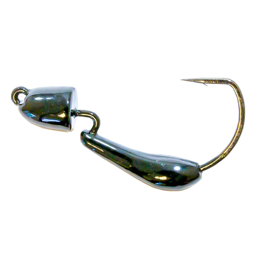 Black metallic jig hook with two bullet weights and polished eyelet