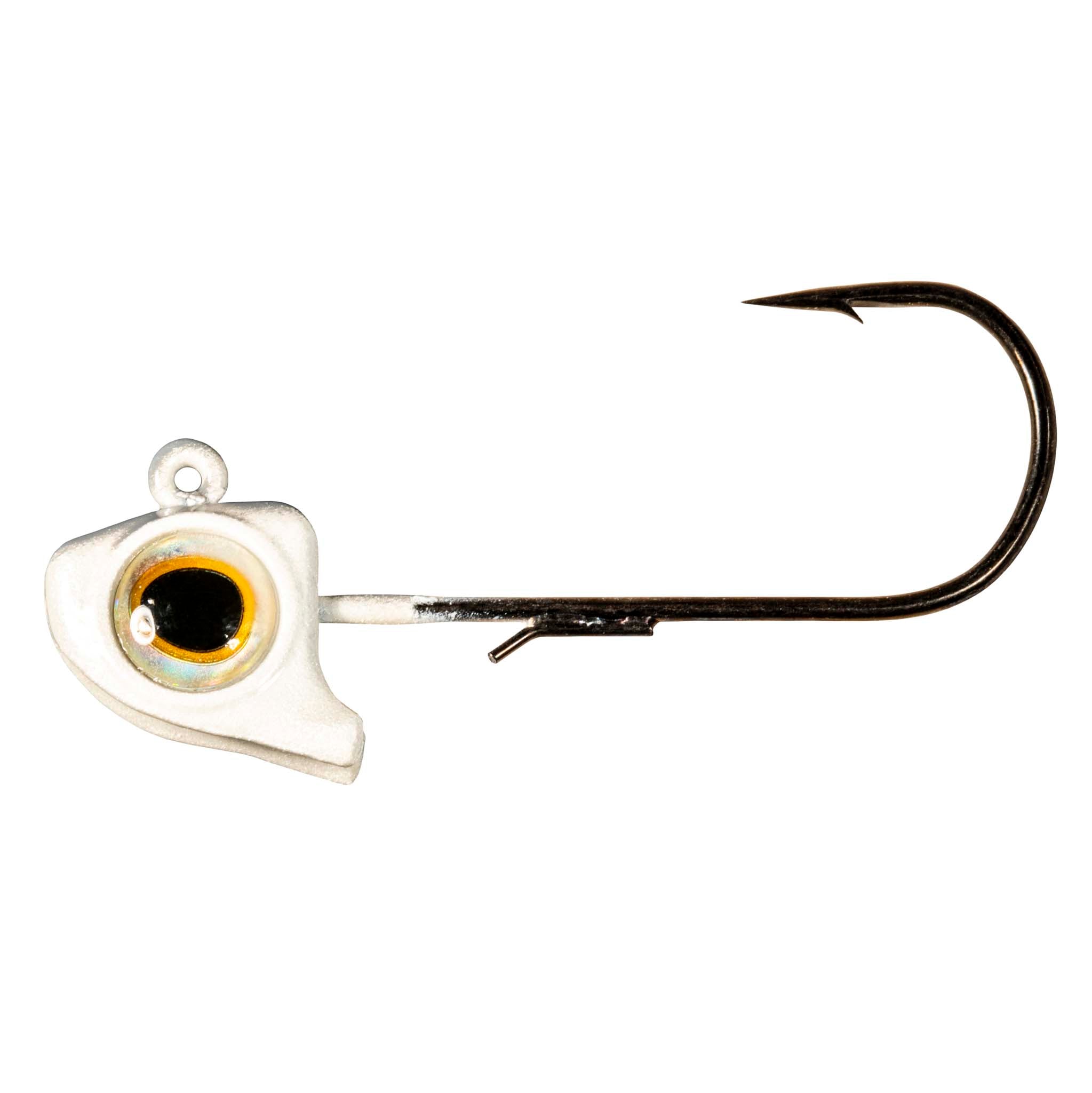 White jighead with amber eye insert and black fishing hook