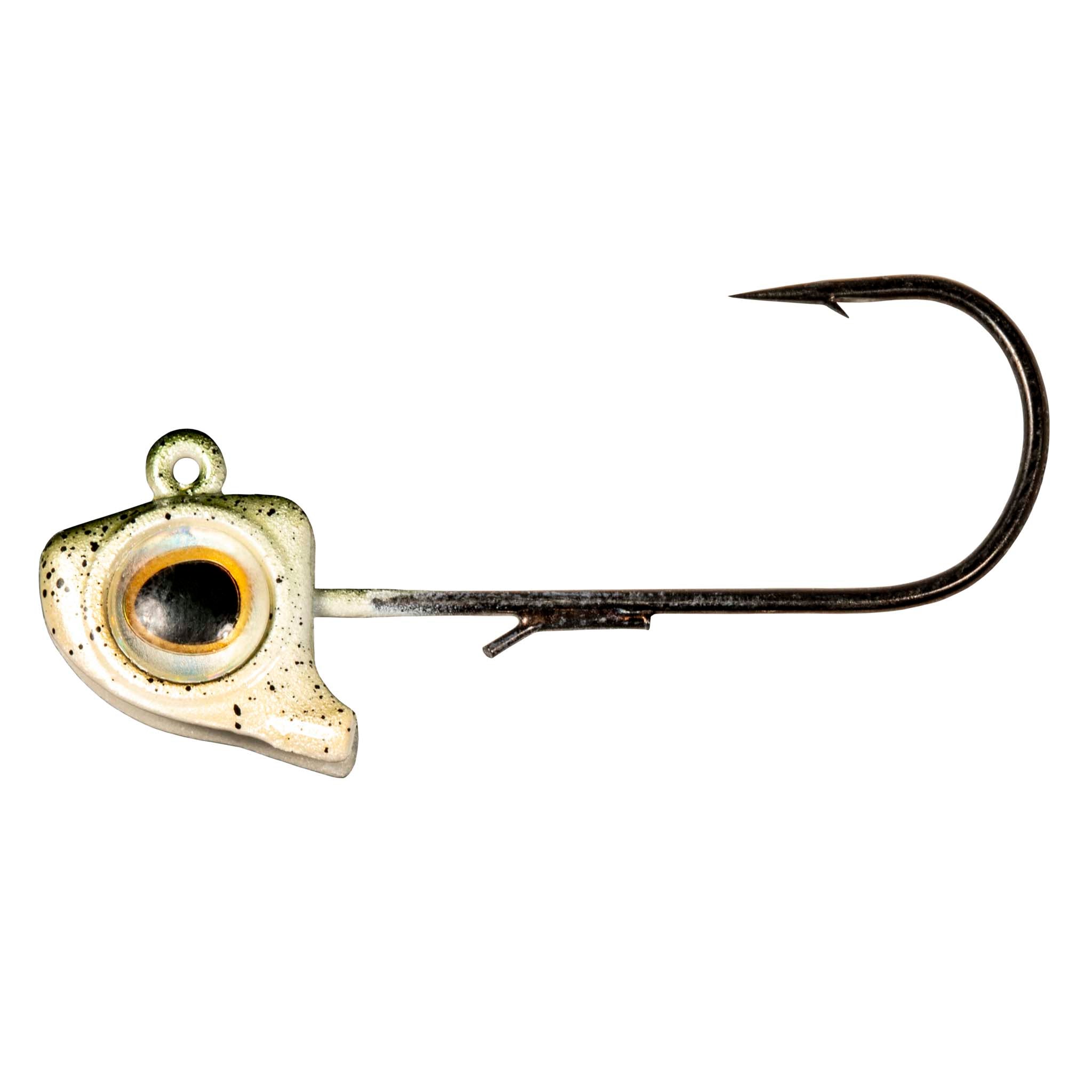 Speckled green jighead with round eye insert and black fishing hook