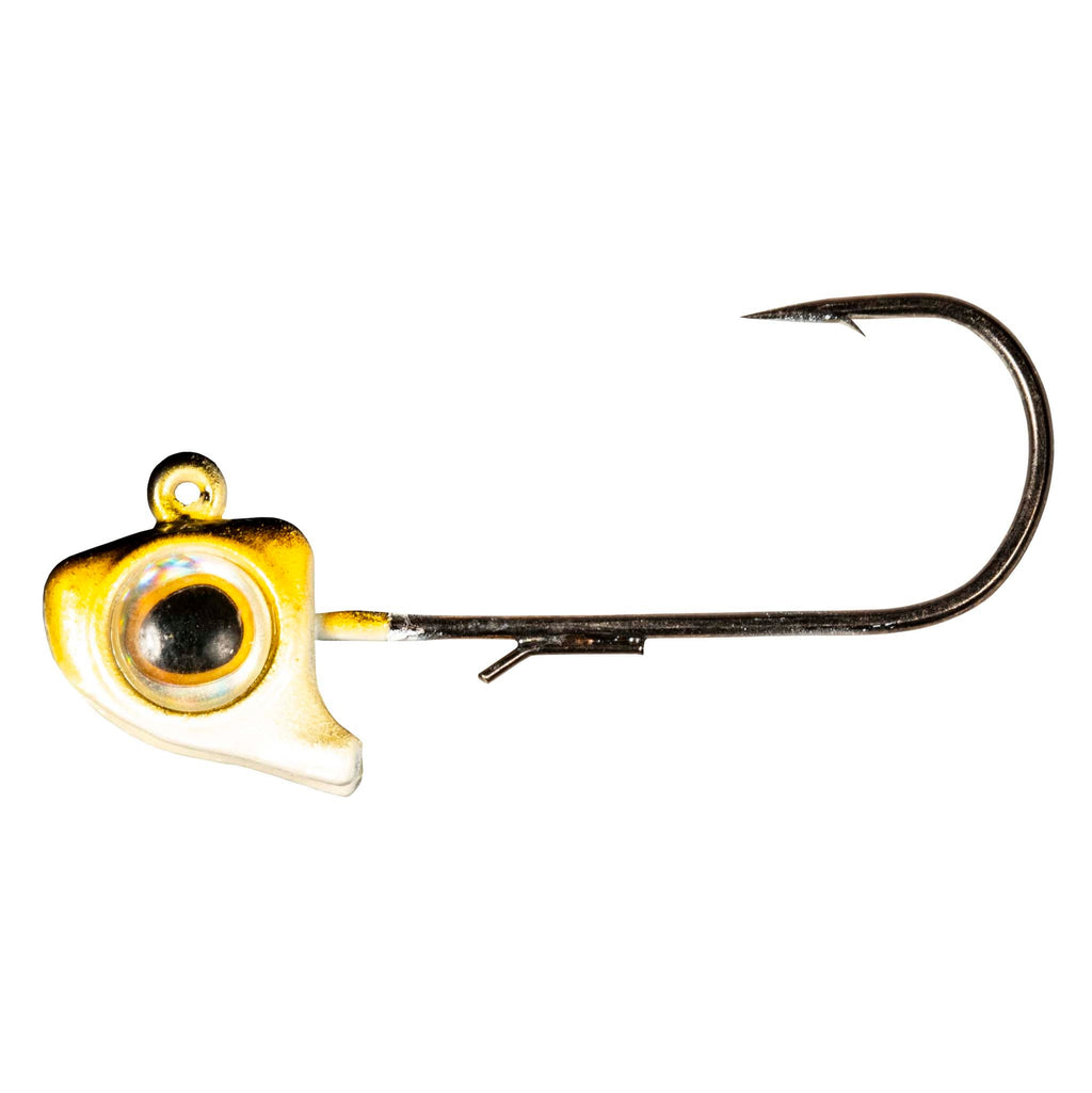 Yellow jighead with round eye insert and black fishing hook