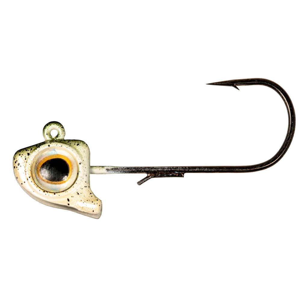 Speckled green jighead with round eye insert and black offset hook