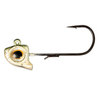 Speckled green jighead with round eye insert and black offset hook