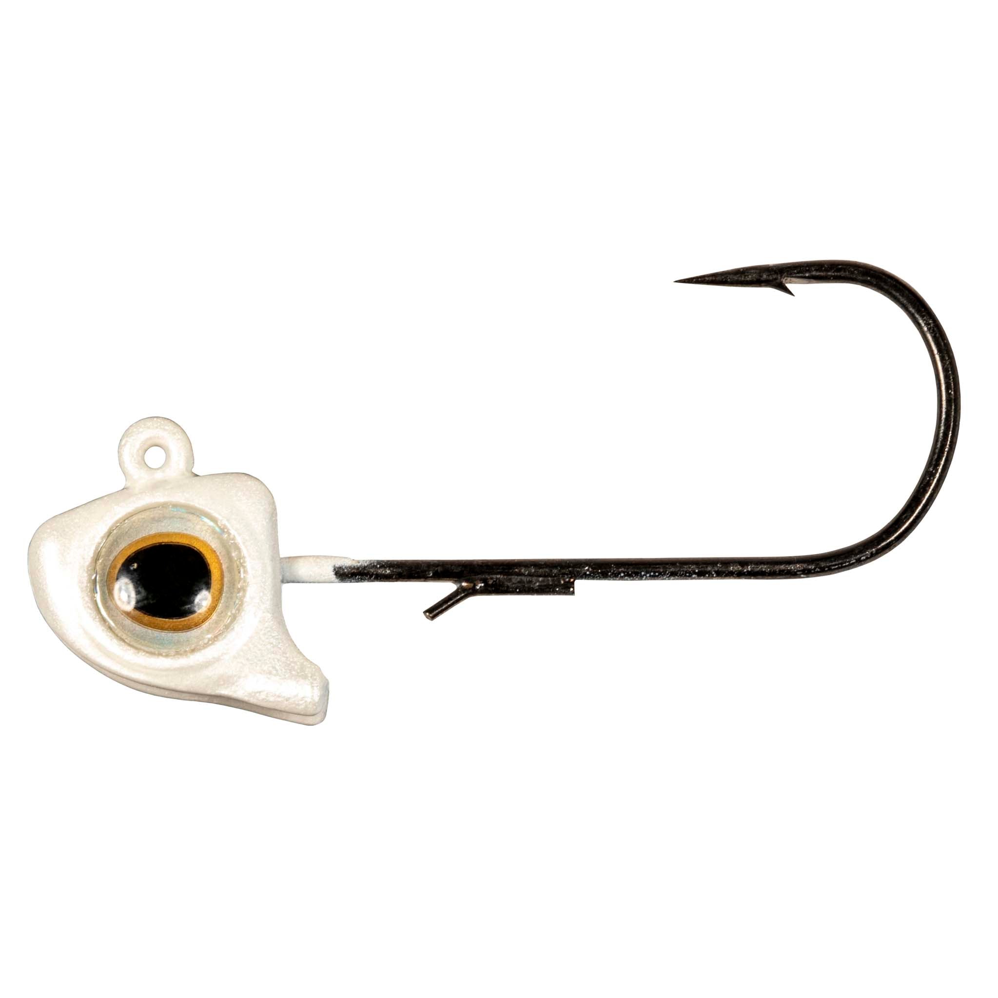 White fishing jighead with round holographic eye and black hook