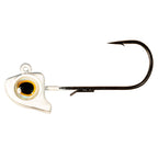 White fishing jighead with round holographic eye and black hook with slight orange