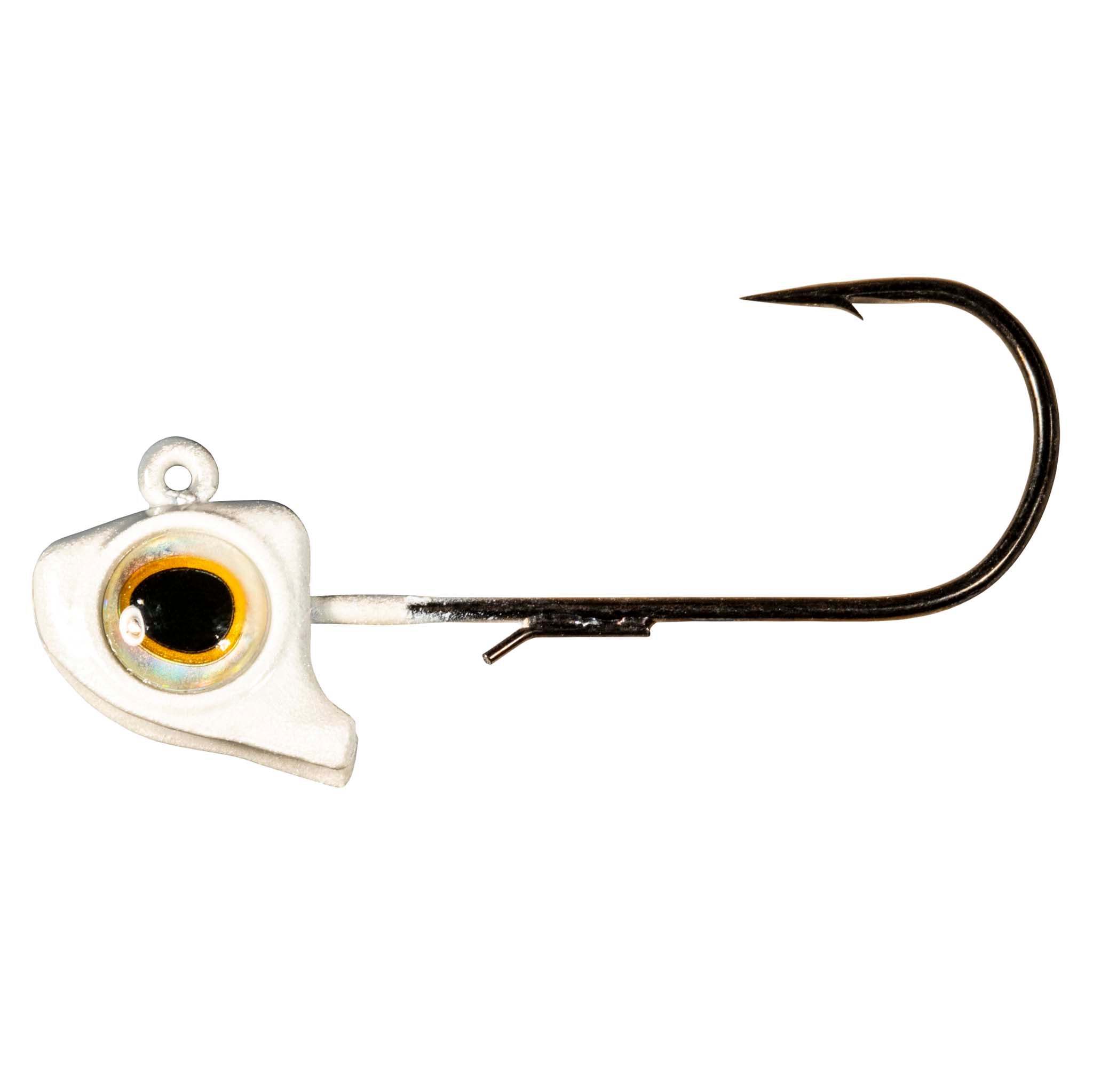 White fishing jighead with round holographic eye and black hook with slight orange