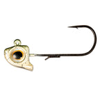 Greenback fishing jighead with round holographic eye and black hook