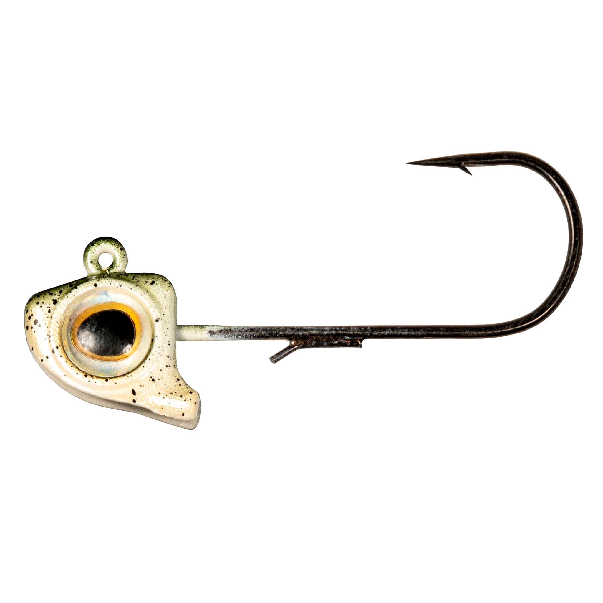 Greenback fishing jighead with round holographic eye and black hook