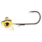 Gold fishing jighead with round holographic eye and black hook
