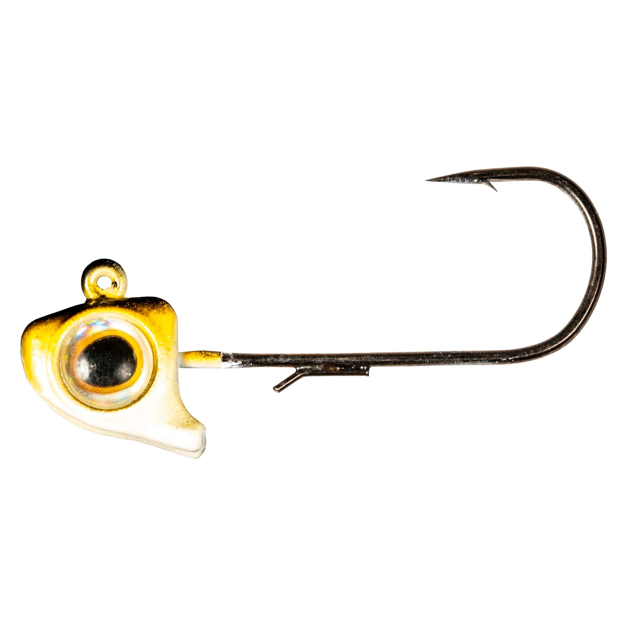 Gold fishing jighead with round holographic eye and black hook