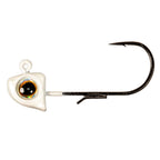 Pearl white jighead with holographic eye, black hook, compact head profile