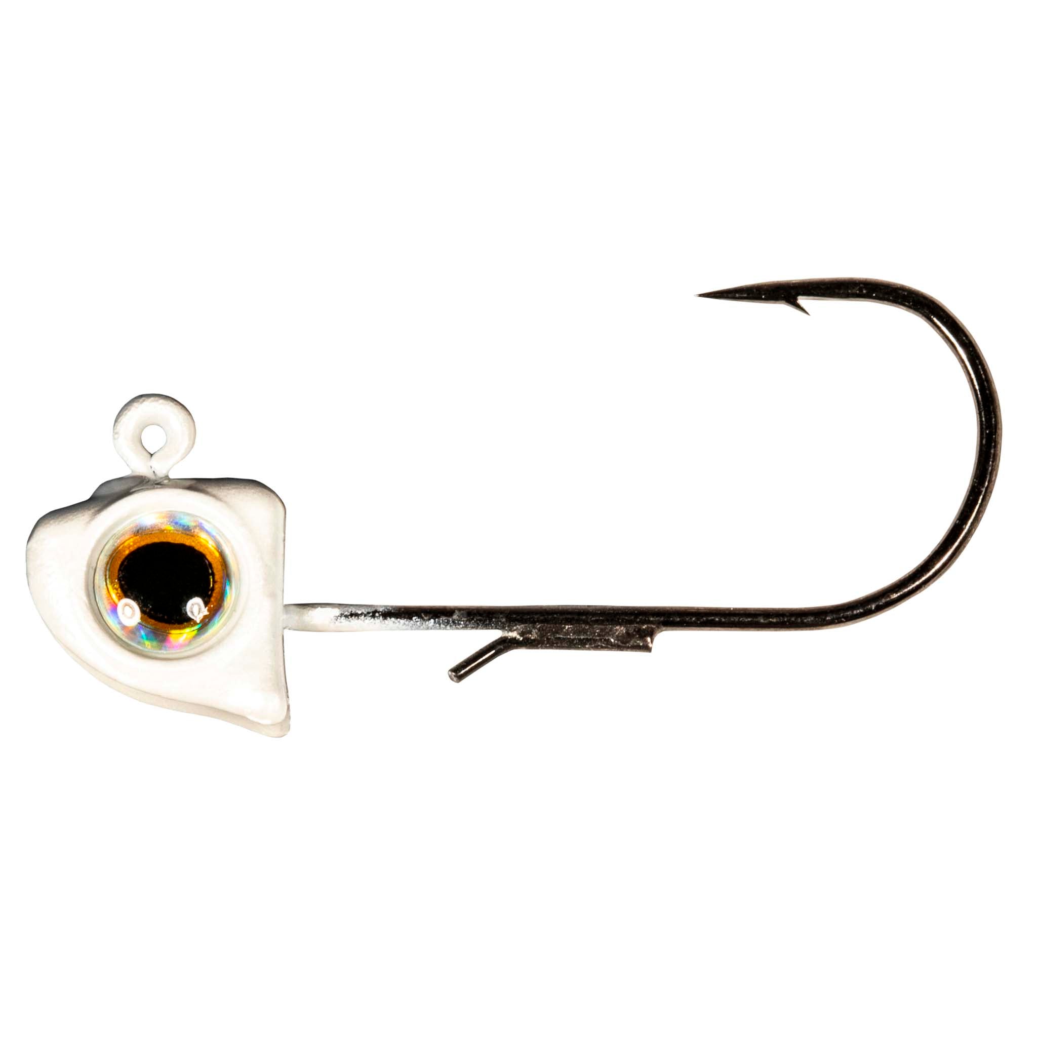 Pearl white jighead with holographic eye, black hook, small forward fins