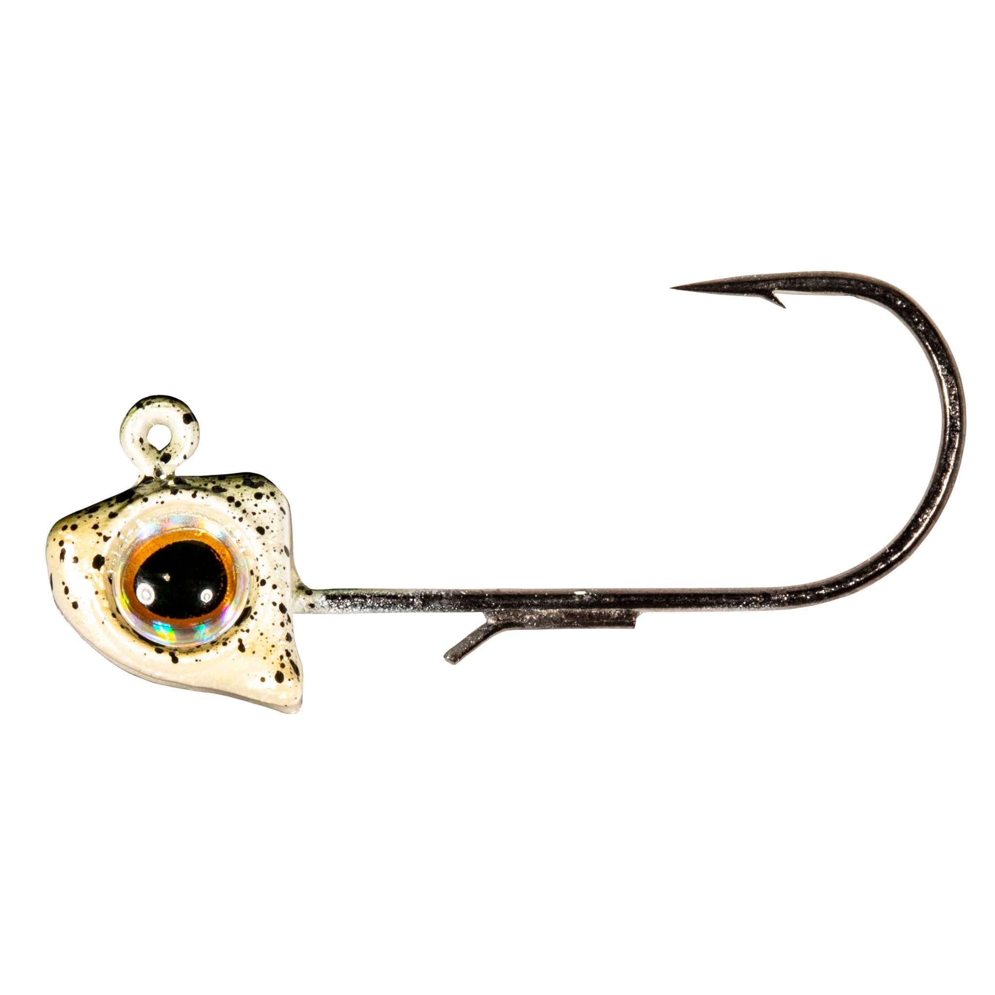 Speckled green jighead with holographic eye, black hook, curved shank with barb