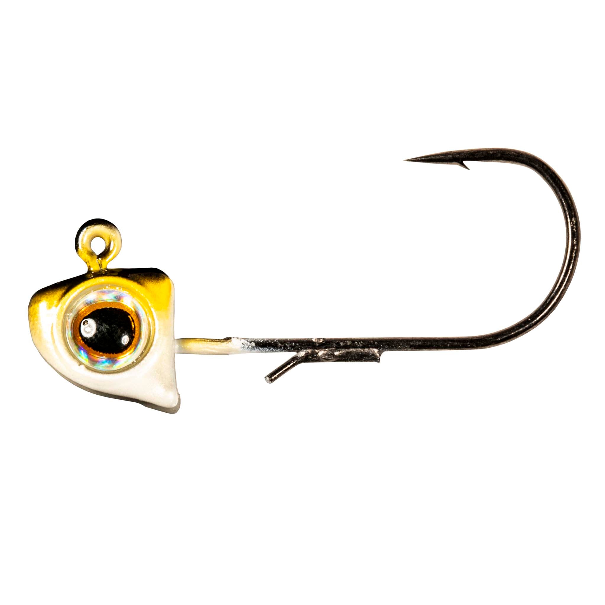 Smelt yellow jighead with holographic eye, black hook, gold ring at top