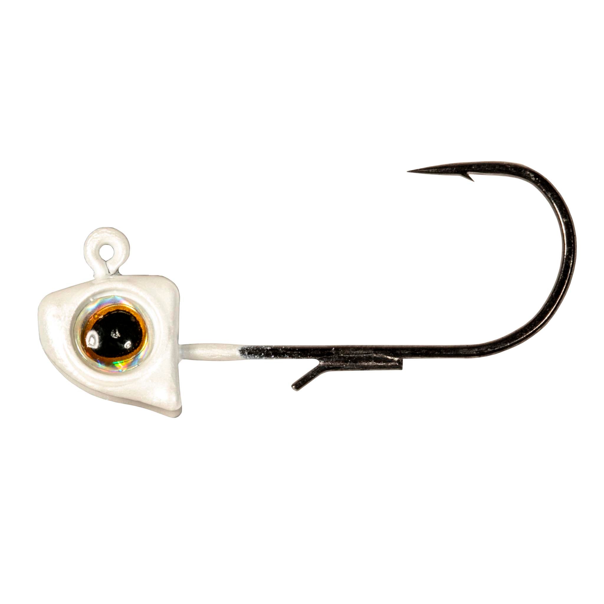 White fishing jighead with round holographic eye and black hook