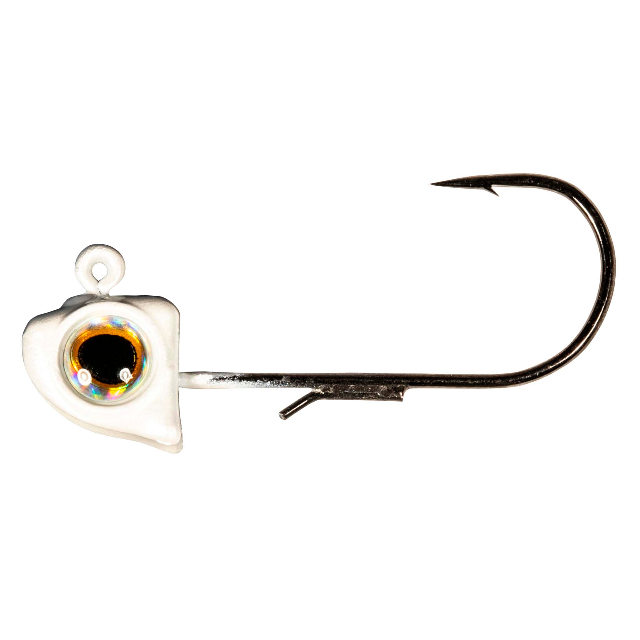 White fishing jighead with round holographic eye and black hook