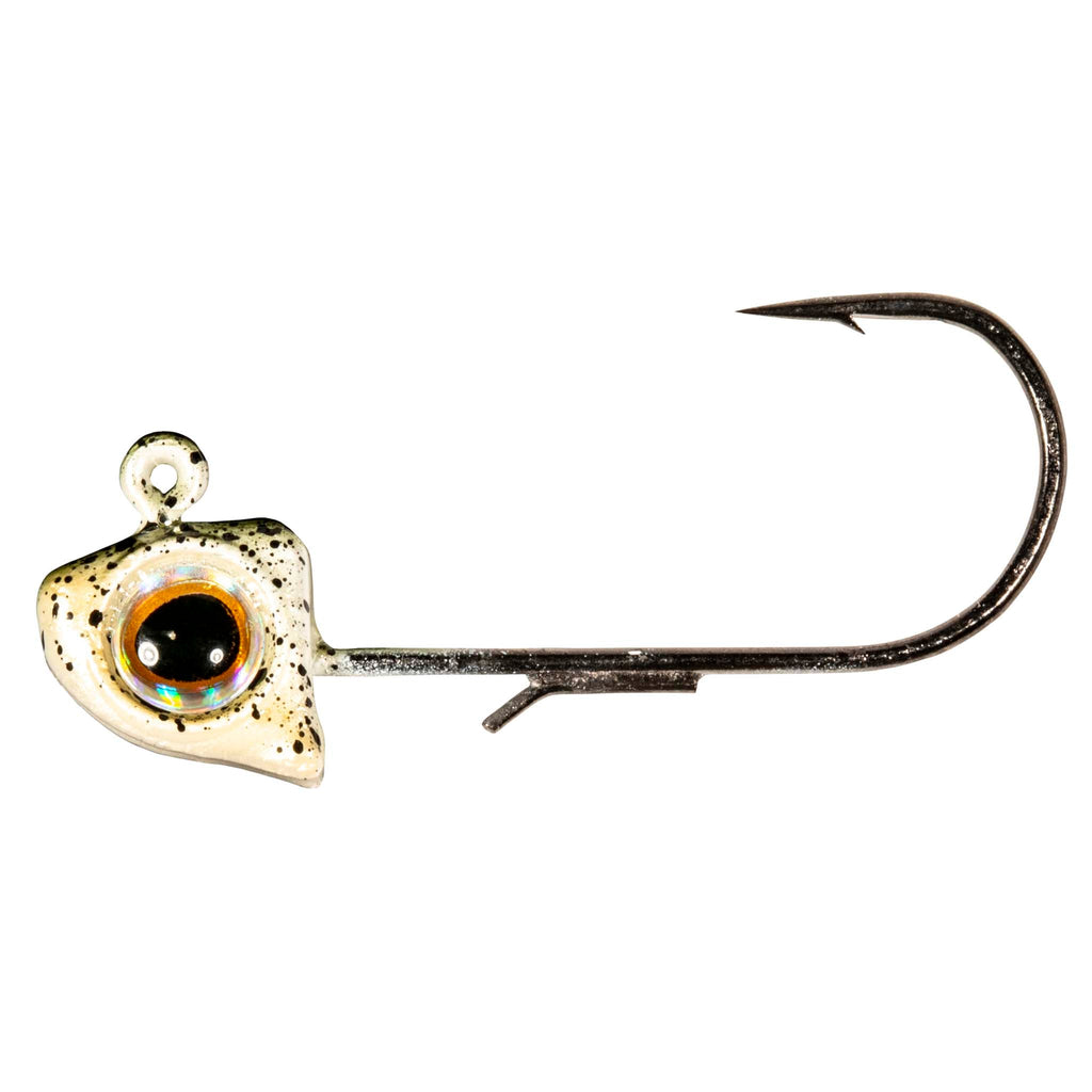 Greenback fishing jighead with round holographic eye and black hook