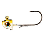 Gold fishing jighead with round holographic eye and black hook