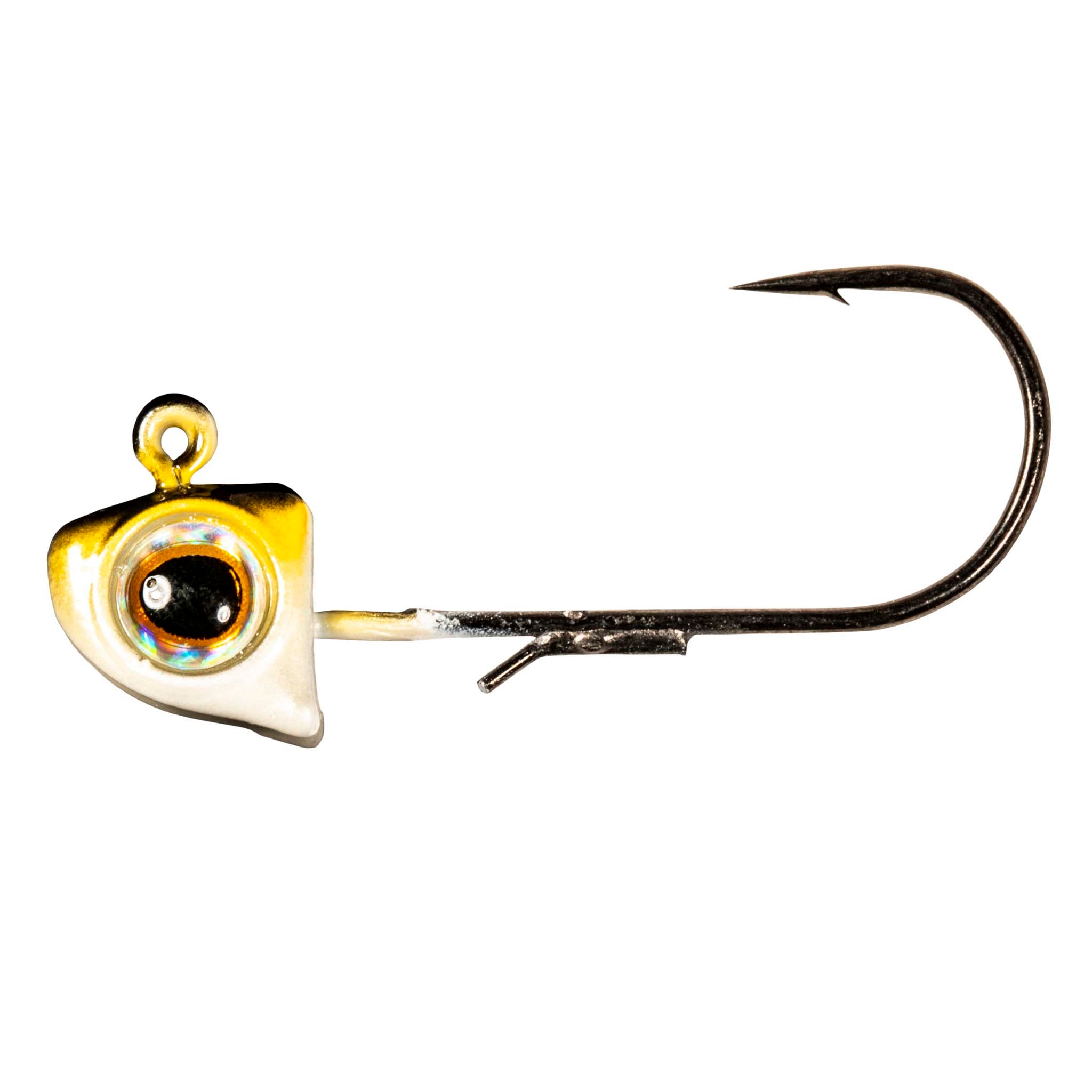 Gold fishing jighead with round holographic eye and black hook