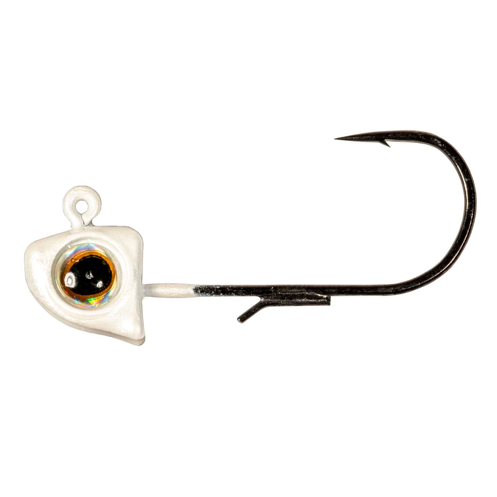 Pearl white jighead with holographic eye, black hook, small barb fins on shank