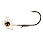 Pearl white jighead with holographic eye, black hook, small barb fins on shank