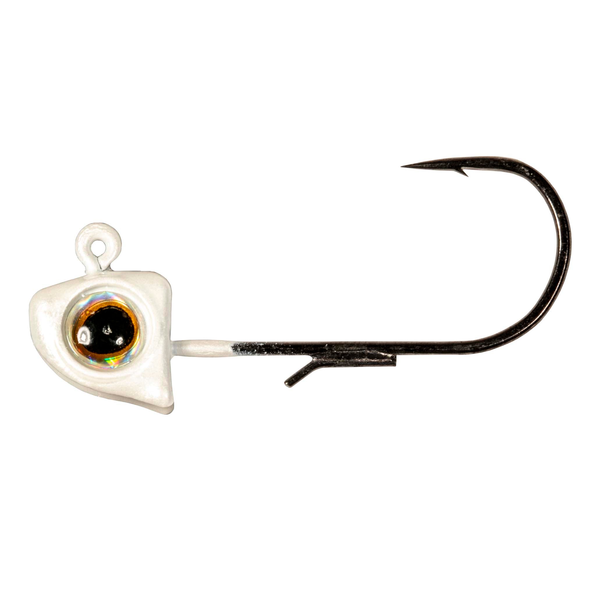 Pearl white jighead with holographic eye, black hook, small barb fins on shank