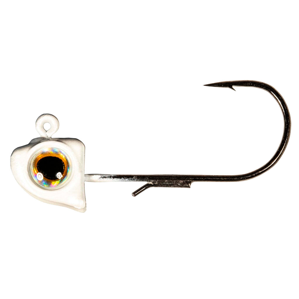 Pearl white jighead with holographic eye, black hook, curved shank with barb