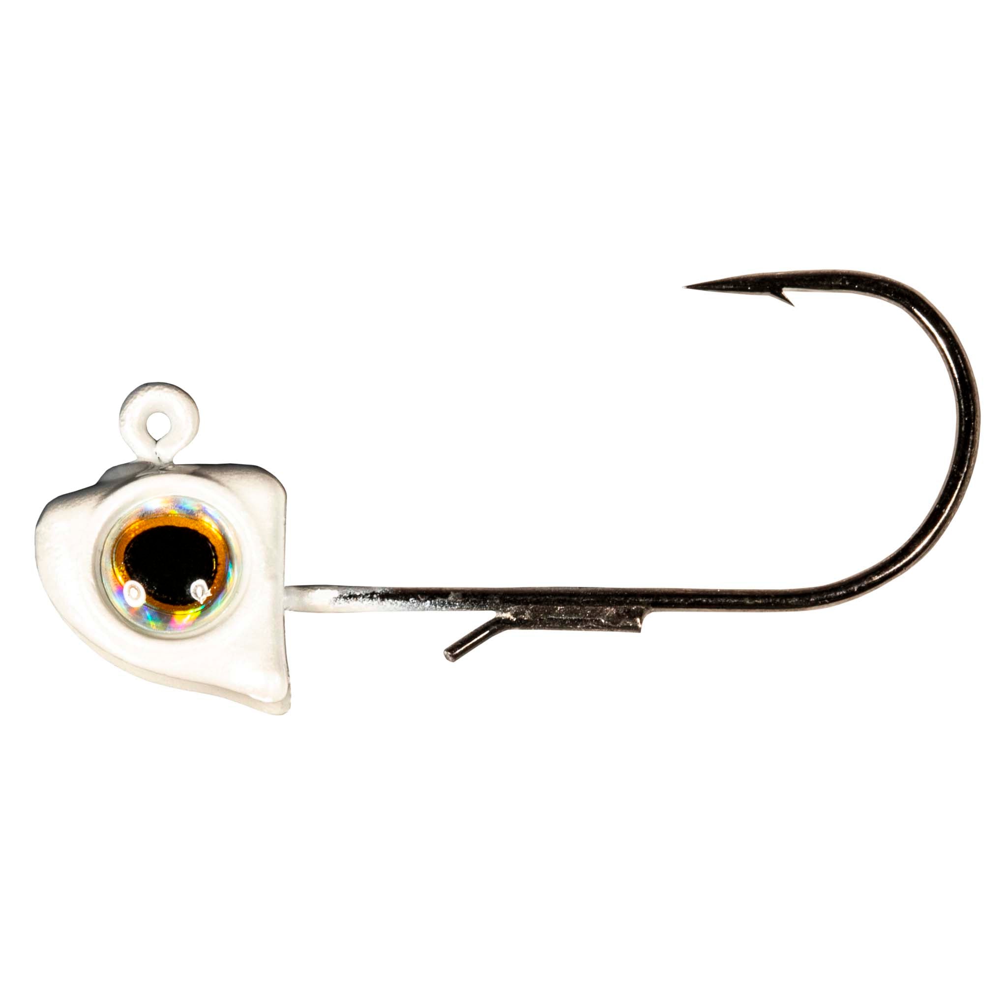 Pearl white jighead with holographic eye, black hook, curved shank with barb