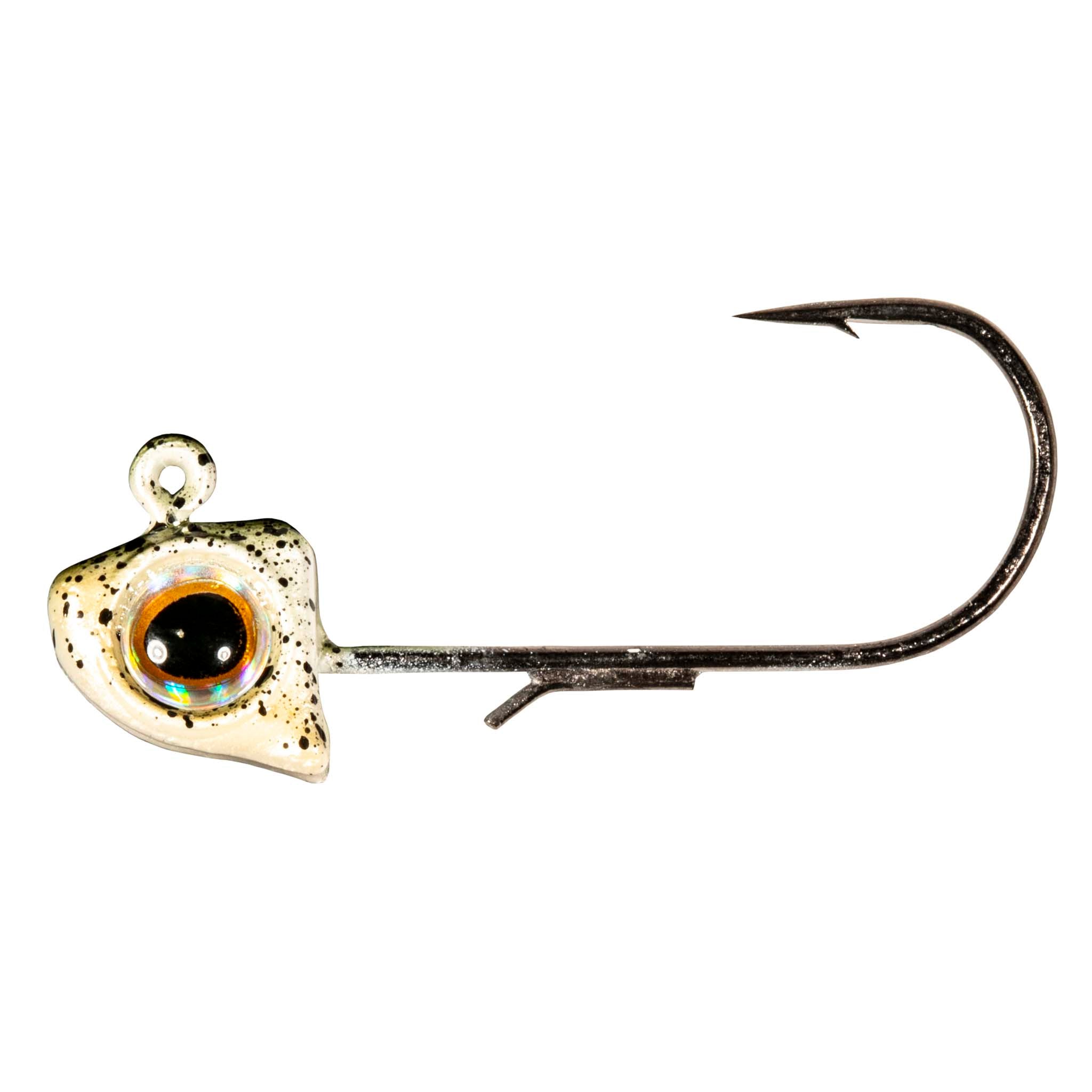 Speckled green jighead with holographic eye, black hook, curved shank with barb