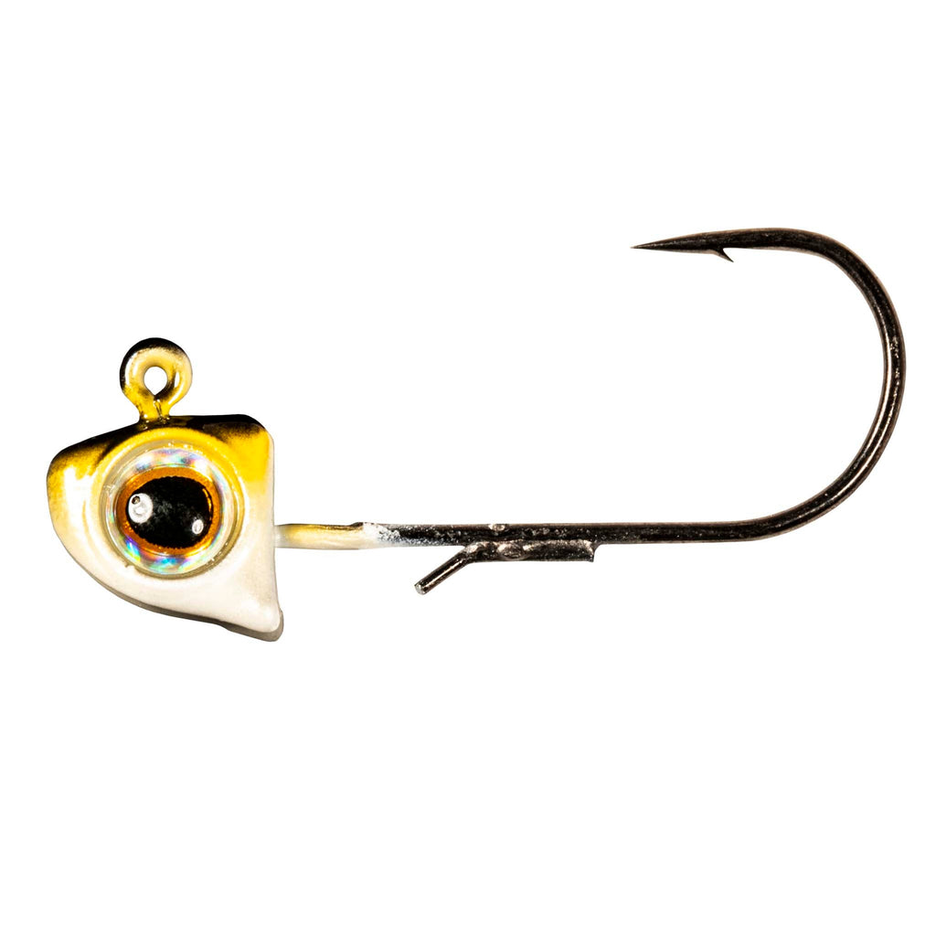 Smelt yellow jighead with holographic eye, black hook, gold ring attachment