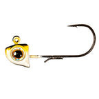 Smelt yellow jighead with holographic eye, black hook, gold ring attachment