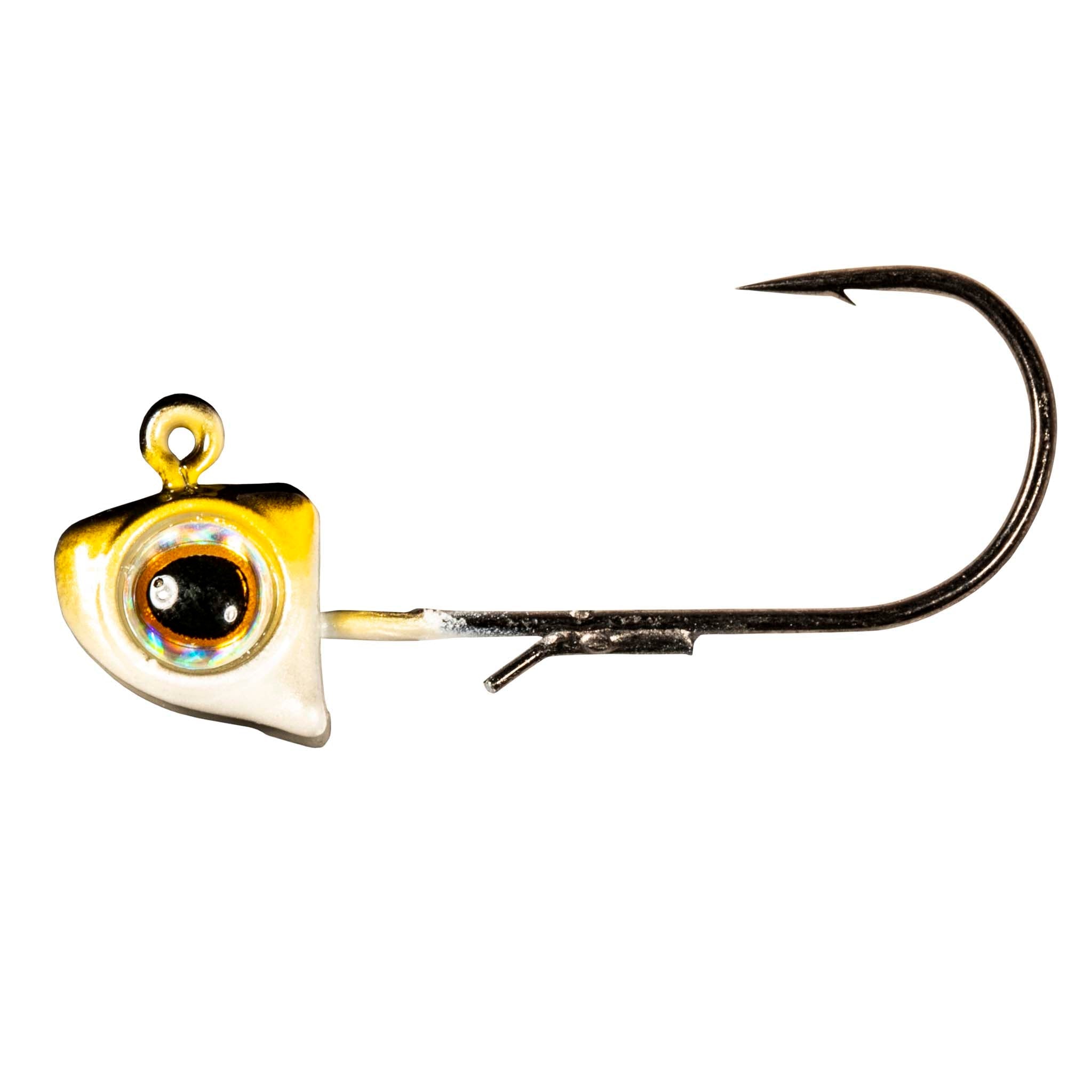 Smelt yellow jighead with holographic eye, black hook, gold ring attachment