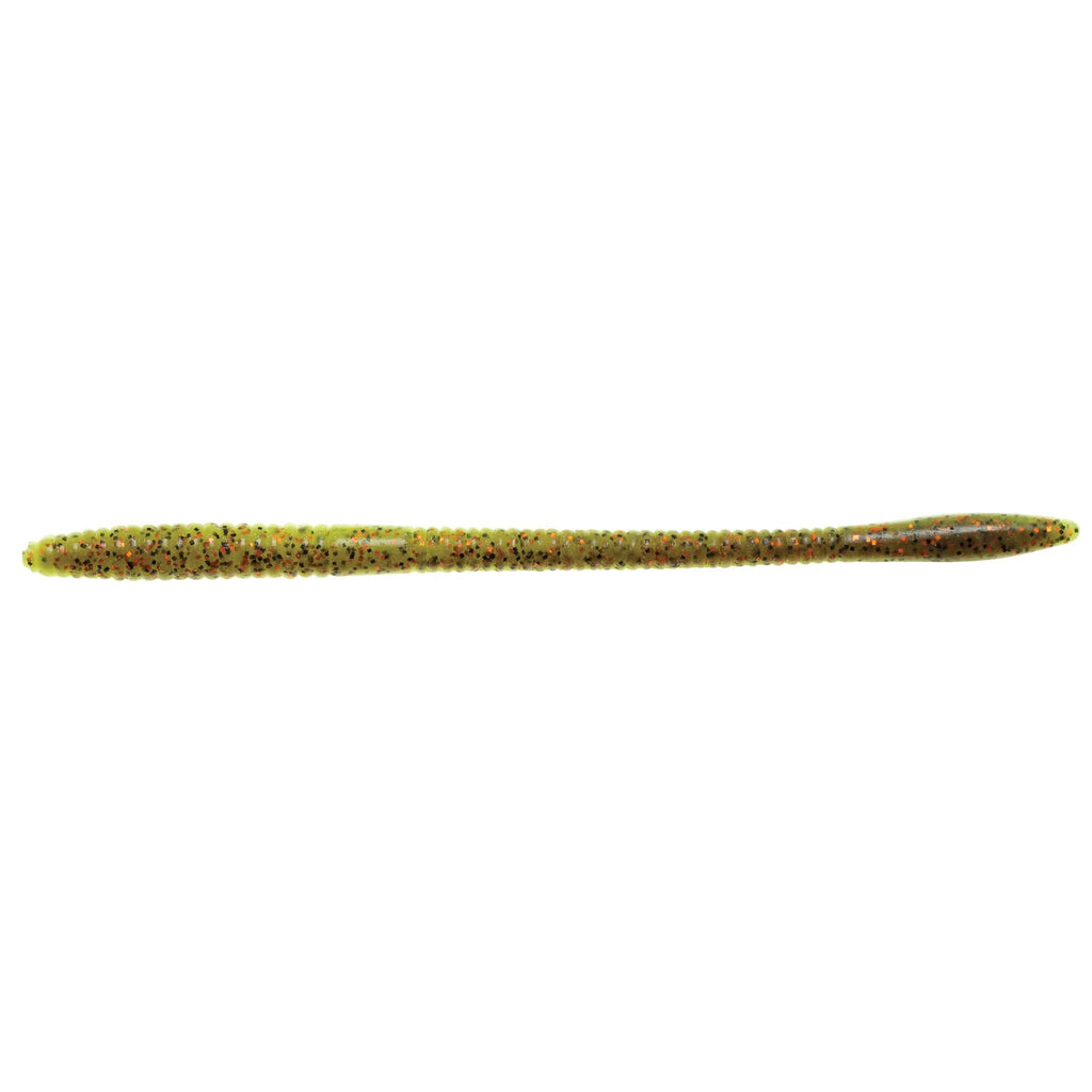 Chartreuse green fishing worm lure with dark speckled pattern