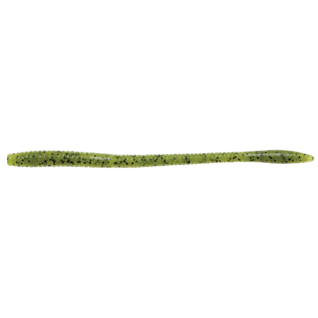 Lime green fishing worm lure with dark speckled dots