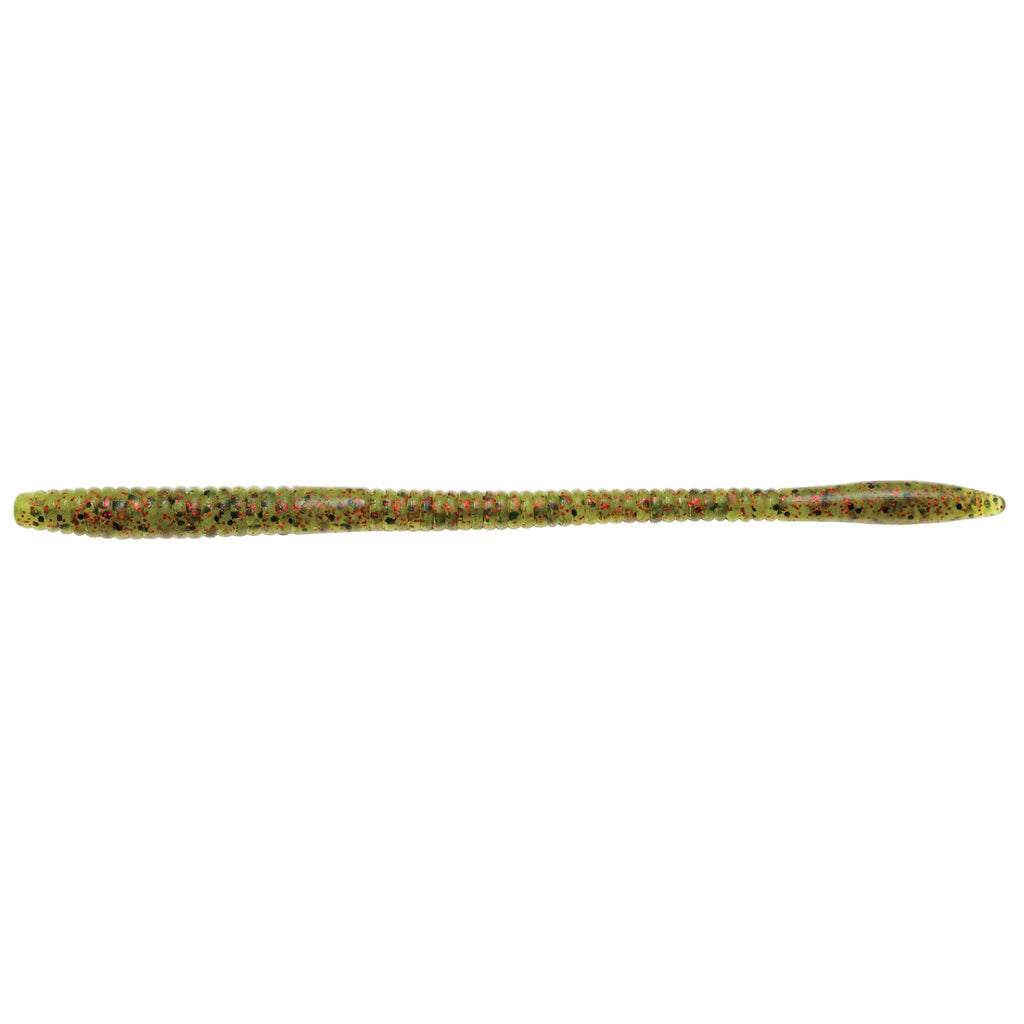 Speckled green-gold fishing worm lure with warm orange undertones