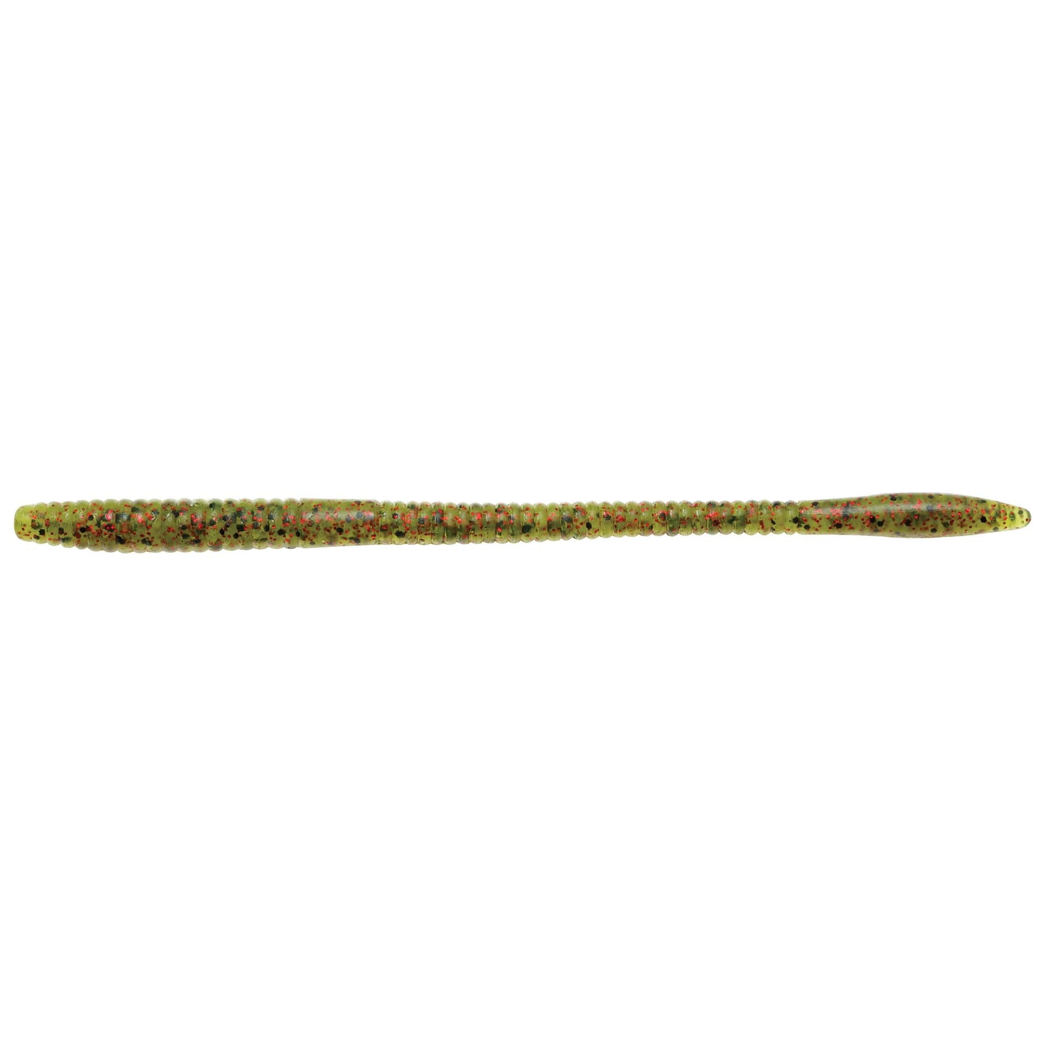 Speckled green-gold fishing worm lure with warm orange undertones